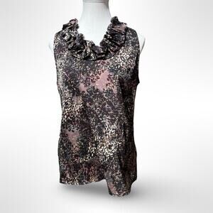 ANN TAYLOR Sleeveless Satin Blouse Ruffle Neck Abstract Print Elegant Top Sz 8